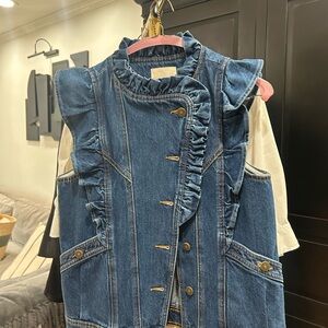 Sezane Blue Denim Vest with Pink Accents